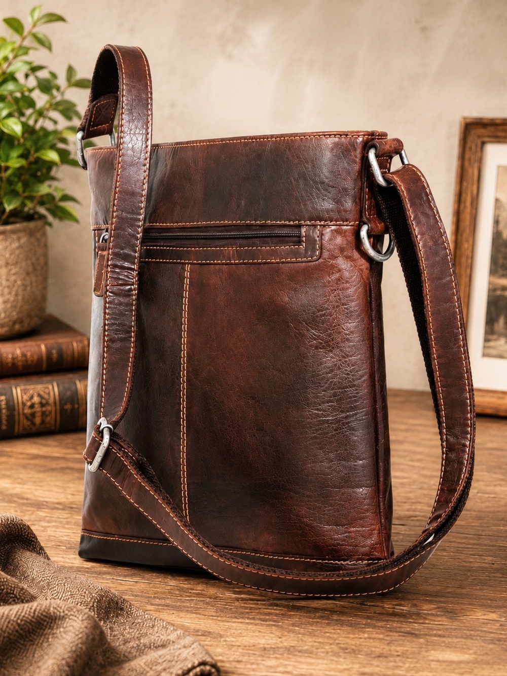 Jack Georges Buffalo Leather Crossbody Messenger Bag Brown # 7312 Full Grain EUC